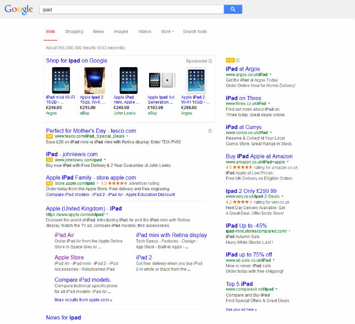 Google search engine results page PLA ads top the Google SERP
